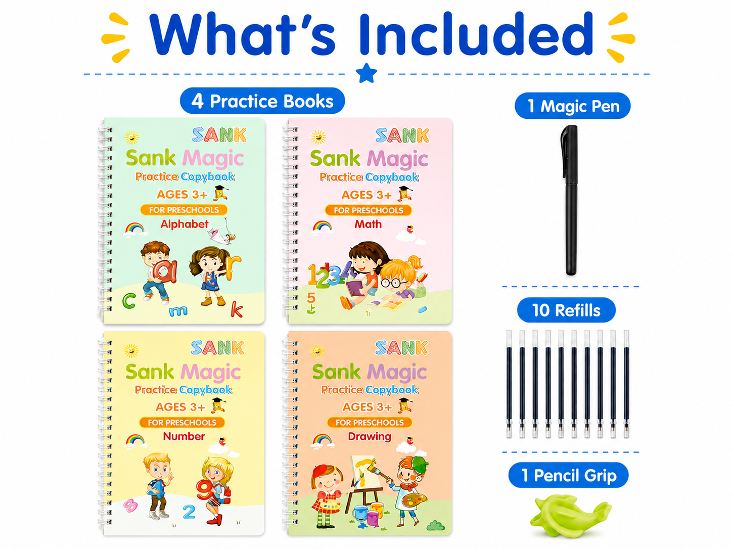 Magic Groove Reusable Handwriting Practice Set – 4 Books + 10 Refills